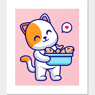 Cute Cat Bring Fish In Bucket Cartoon Posters and Art